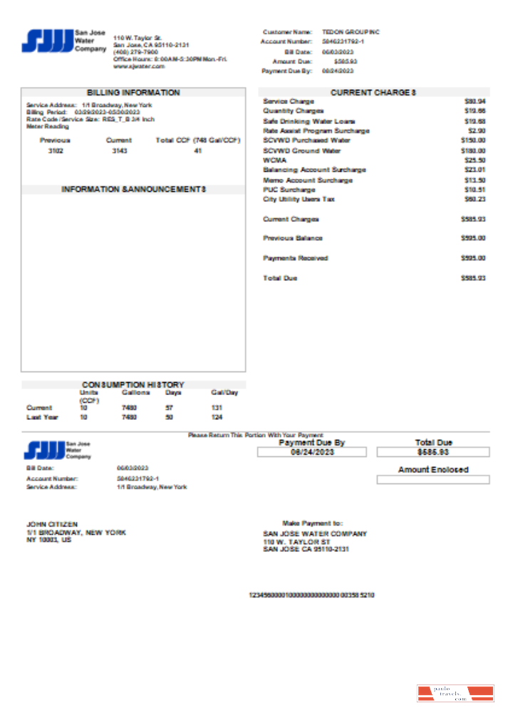 San Jose Water utility business bill, SCR PSD template